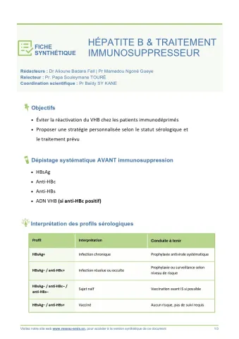 Fiche synthétique : Hépatite B et Traitement immunosuppresseur